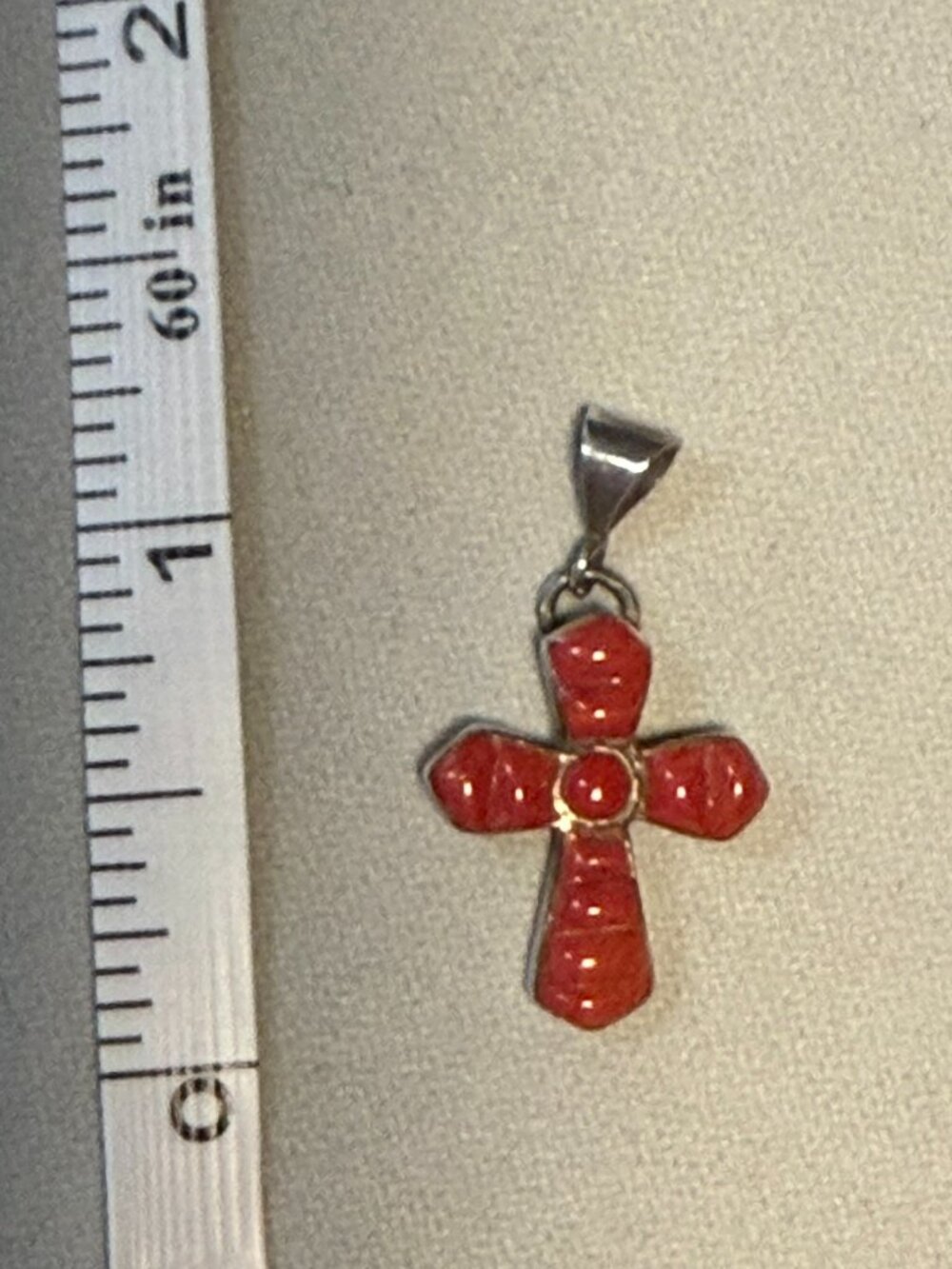 Stamped Sterling Silver Coral Cross Pendant Cabochon Center